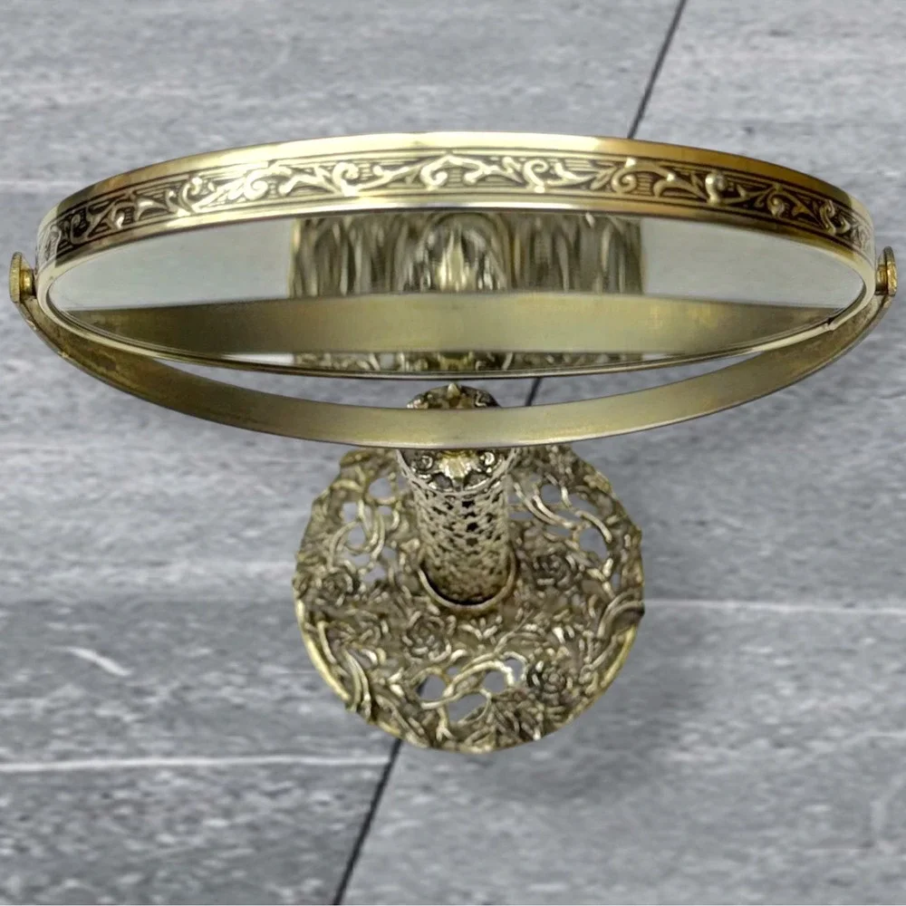 Vtg‎ Japan Gold/Silver Filigree Vanity Mirror Swivel Floral Rose Pedestal Decor